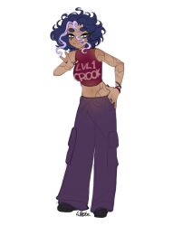 1girl alternate_skin_color baggy_pants bare_arms bare_shoulders black_shoes blue_hair bracelet bright_pupils closed_mouth clothes_writing commentary cracked_skin crop_top dark-skinned_female dark_skin english_commentary full_body grey_eyes hair_between_eyes hand_in_pocket hand_on_own_hip happy highres jewelry long_hair_between_eyes medium_hair messy_hair midriff mole mole_under_eye multicolored_hair multiple_bracelets multiple_rings nail_polish pants pink_nails pink_shirt pocket purple_hair purple_pants redesign ring shirt shoes signature simple_background sleeveless sleeveless_shirt smile solo standing stormy_(winx_club) streaked_hair thick_eyebrows two-tone_hair v white_background white_pupils wikate winx_club