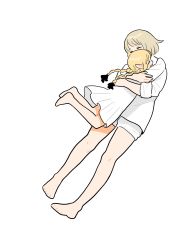 2girls aged_down bare_legs barefoot bob_cut braid character_doll child collared_shirt dress dress_shirt dungeon_meshi elf falin_touden falin_touden_(tallman) floating frs2 full_body green_eyes hair_around_ear hair_over_shoulder happy highres hug long_hair long_sleeves marcille_donato multiple_braids multiple_girls pointy_ears quad_braids quad_tails shirt short_hair shorts simple_background sleeves_rolled_up smile tears white_background white_dress white_shirt white_shorts yellow_eyes