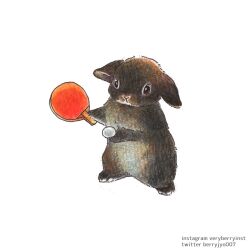 Rule 34 | animal, animal ears, animal focus, artist name, ball, berry jou, highres, holding, holding ball, holding table tennis paddle, no humans, original, paddle, rabbit, rabbit ears, simple background, table tennis ball, table tennis paddle, traditional media, white background
