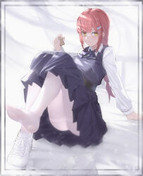 1girl absurdres black_dress braid chainsaw_man dress geez highres left_shoe_removed light_smile looking_at_viewer makima_(chainsaw_man) panties panties_under_pantyhose pantyhose pinafore_dress red_hair shoes simple_background single_shoe sitting sleeveless sleeveless_dress underwear white_pantyhose white_shoes
