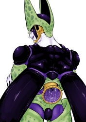 1boy back black_nails black_skin black_wings cell_(dragon_ball) colored_skin colored_tongue cowboy_shot crossed_arms dragon_ball dragonball_z fingernails from_behind green_skin highres looking_at_viewer looking_back male_focus multicolored_skin obata2nd open_mouth perfect_cell pink_eyes purple_skin purple_tongue sharp_fingernails simple_background slimy smile smug solo spots tail teeth tongue tongue_out upper_teeth_only white_background white_skin wings yellow_skin