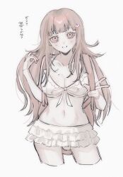 Rule 34 | 1girl, bare shoulders, bikini, breasts, brown hair, cleavage, danganronpa (series), danganronpa 2: goodbye despair, galaga, highres, large breasts, long hair, looking at viewer, mole, mole on breast, nanami chiaki, navel, pink eyes, simple background, solo, spaceship hair ornament, swimsuit, v0 id11, white background, white bikini