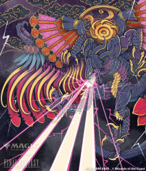 bahamut_(final_fantasy) breath_weapon claws copyright_name copyright_notice dragon energy_beam final_fantasy final_fantasy_x full_body horns lightning magic:_the_gathering nakatsubo_kota no_humans official_art purple_lightning scales solid_eyes solo storm_cloud tail white_eyes wings