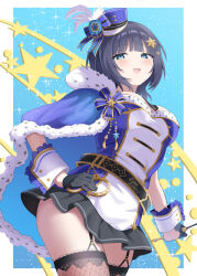 1girl absurdres asaka_karin black_gloves black_hair black_skirt black_thighhighs blue_capelet blue_eyes blue_shirt blush border breasts capelet commentary_request from_below fur-trimmed_capelet fur_trim gloves hand_on_own_hip highres lace lace_thighhighs large_breasts looking_at_viewer love_live! love_live!_nijigasaki_high_school_idol_club medium_hair miniskirt open_mouth outside_border shirt skirt smile solo thighhighs thighs white_border white_shirt white_wrist_cuffs wrist_cuffs yuu_(shampoohatslime)