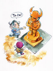 Rule 34 | 2boys, akahanadragon, backpack, bag, baseball bat, baseball cap, black hair, english text, evil mani mani, from above, hat, lier x. agerate, looking at another, mani mani statue, mother (series), mother 2, multiple boys, ness (mother 2), nintendo, open mouth, pointing, shirt, smile, speech bubble, statue, striped clothes, striped shirt