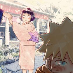 1boy 1girl aged_down black_hair blonde_hair blue_eyes child highres hyuuga_hinata japanese_clothes kimono koguma_05 naruto_(series) pink_kimono spiked_hair tears uzumaki_naruto white_hair