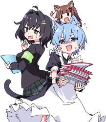 1boy 2girls :d ahoge ai-chan_(misskey.io) animal_ear_fluff animal_ears apron arched_bangs armband black_dress black_hair black_jacket blazer blue_eyes blue_hair blush breasts bright_pupils brown_hair cat_boy cat_ears cat_girl cat_tail chibi dress fang fluff flying_sweatdrops frilled_apron frills green_armband green_eyes green_skirt hair_between_eyes hair_intakes hair_ornament hairclip heart heart_hair_ornament holding holding_paper ixy jacket long_hair long_sleeves maid maid_apron medium_breasts misskey.io multiple_girls murakami-san_(misskey.io) nervous_sweating open_mouth outline paper paper_stack plaid_clothes plaid_skirt pleated_skirt puffy_short_sleeves puffy_sleeves school_uniform short_hair short_sleeves simple_background skin_fang skirt smile sweat syuilo_(misskey.io) tail transparent_background trap white_apron white_outline white_pupils wrist_cuffs