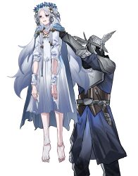 1boy 1girl absurdres armor blue_cape blue_eyes blue_tunic breastplate cape clenched_teeth doll_joints dress elden_ring elden_ring_nightreign flower_wreath head_wreath helmet highres joints lifting_person long_hair pauldrons revenant_(elden_ring) shoulder_armor simple_background standing teeth tunic vambraces white_background white_dress white_hair winged_helmet wylder_(elden_ring) yazu_(zoddiacz)