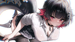 1girl bent_over black_hair black_pantyhose black_skirt breasts candy cleavage clothes_pull colored_inner_hair ellen_joe ellen_joe_(on_campus) fins fish_tail food food_in_mouth highres large_breasts lollipop looking_at_viewer mochirong multicolored_hair pantyhose pantyhose_pull pulling_own_clothes red_eyes red_hair shark_tail shirt short_hair short_sleeves skirt solo sweat tail white_background white_shirt zenless_zone_zero