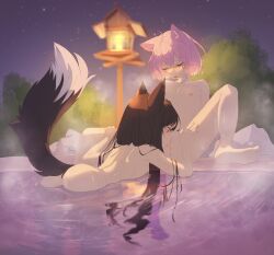 2girls alice_(headpatalice) animal_ears ass bent_over black_hair blush cat_ears cat_girl closed_eyes completely_nude cunnilingus flat_chest fox_ears fox_girl fox_tail highres kodomo_doushi kukseleg lamppost loli long_hair multiple_girls night nipples nose_blush nude onsen oral original outdoors partially_submerged pink_hair sogeki_(fuyumi_sogeki) spread_legs steam tail water yuri
