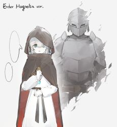 Rule 34 | 1boy, 1girl, armor, blue eyes, cloak, dress, ender lilies quietus of the knights, ender magnolia bloom in the mist, full armor, ghost, highres, hood, hood up, hooded cloak, knight, lily (ender lilies), long hair, looking at viewer, mucha 1232, open mouth, white dress, white hair