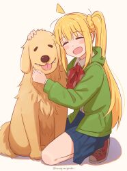 Rule 34 | 1girl, animal, blonde hair, bocchi the rock!, closed eyes, dog, green jacket, hair ornament, hair scrunchie, hanagamigendai, highres, ijichi nijika, jacket, kneeling, long hair, open mouth, pleated skirt, scrunchie, shoes, skirt, smile, sneakers, striped background