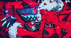 2boys ama0805 coat colored_skin demon_boy formal_clothes fur-trimmed_coat fur_trim hazbin_hotel heart heart-shaped_eyewear highres multiple_boys pink_coat purple_skin red_eyes sharp_teeth suit teeth valentino_(hazbin_hotel) vox_(hazbin_hotel)