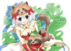1girl blonde_hair bow breasts breasts_apart champion_(ragnarok_online) coat commentary_request copyright_name gold_trim leaf leaf_on_head looking_at_viewer medium_breasts open_mouth raccoon raccoon_hat ragnarok_online red_bow red_shirt shiikasan shirt short_hair sleeveless sleeveless_coat smile smokie_(ragnarok_online) solo upper_body white_coat white_hair