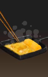 chopsticks commentary food food_focus frying_pan gradient_background highres hisachan55cute makiyakinabe no_humans omelet original pixel_art simple_background steaming_food still_life tamagoyaki