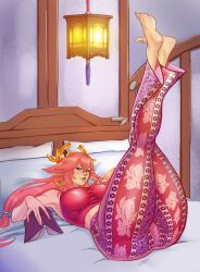 1girl absurdres barefoot book breasts crossed_legs forbidden_pants genshin_impact highres leggings leilielmeimiel long_hair medium_breasts meme_attire non-web_source on_bed pants pink_hair purple_eyes reading smile yae_miko