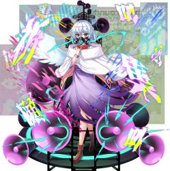 1girl angel_wings boots bow bowtie brown_boots capelet covered_mouth dress embellished_costume feathered_wings full_body game_cg grey_hair highres jacket kishin_sagume kishin_sagume_(truth_temple_of_legitimacy_and_integrity) long_sleeves looking_at_viewer mask megaphone mouth_mask official_art open_clothes open_jacket purple_dress red_bow red_bowtie red_eyes respirator rotte_(1109) short_hair single_wing solo suit_jacket third-party_source touhou touhou_lostword translation_request transparent_background white_capelet white_wings wings