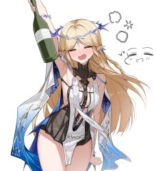 Rule 34 | 1girl, absurdres, arm up, bare shoulders, black collar, black dress, blonde hair, blush, bottle, breasts, cartethyia (wuthering waves), closed eyes, collar, commentary, cowboy shot, crown of thorns, dress, drunk, earrings, facing viewer, heart, highres, holding, holding bottle, jewelry, long hair, medium breasts, necklace, nose blush, open mouth, oxooxo666, pointy ears, sidelocks, simple background, solo, squeans, symbol-only commentary, tabard, tacet mark (wuthering waves), thighs, white background, white tabard, wuthering waves