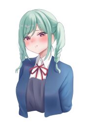 1girl aqua_hair blue_jacket blush braid collared_shirt commentary_request cropped_torso dress dress_shirt embarrassed grey_dress highres jacket lone_nape_hair long_sleeves looking_at_viewer love_live! love_live!_superstar!! medium_hair neck_ribbon nose_blush onitsuka_tomari open_clothes open_jacket parted_bangs pinafore_dress pink_eyes raised_inner_eyebrows red_ribbon ribbon robirafa_0819 school_uniform shirt sidelocks simple_background sleeveless sleeveless_dress solo twin_braids white_background white_shirt winter_uniform yuigaoka_school_uniform