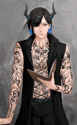 1boy absurdres belt black_belt black_coat black_hair black_horns black_pants blue_hair book closed_mouth coat colored_inner_hair cosplay cross-laced_clothes cross-laced_top devil_may_cry_(series) devil_may_cry_5 full-body_tattoo highres holding holding_book hololive hololive_english horns looking_at_viewer mairu_(user_2757) male_focus malphis_ii_ravencroft multicolored_hair open_book pants red_eyes short_hair sleeveless sleeveless_coat solo tattoo v_(devil_may_cry) v_(devil_may_cry)_(cosplay) virtual_youtuber