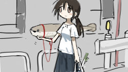 1girl animal animal_collar bag blank_eyes blush collar floating grocery_bag highres leash original outdoors pet sacabambaspis shirt shopping_bag solo spring_onion tsukumizu_yuu white_shirt