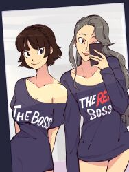 Rule 34 | 2girls, black skirt, braid, brown eyes, brown hair, crown braid, highres, long hair, long shirt, looking at another, looking at phone, multiple girls, niijima makoto, niijima sae, off shoulder, persona, persona 5, phone, plow (witch parfait), selfie, siblings, sisters, skirt, smile