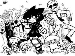 1boy 1girl cat_girl child dancing flower forest goth_fashion katya_(newtype_hero) long_nose monochrome mushroom nature newtype_hero original skeleton sketch undead witch