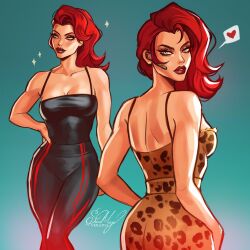 1girl animal_print artist_name ass black_tank_top black_widow blue_background blue_eyes breasts cleavage curvy earpiece hand_on_own_hip highres leggings lipstick looking_at_viewer makeup marvel marvel_rivals natasha_romanoff red_hair short_hair simple_background smile solo tank_top veradia