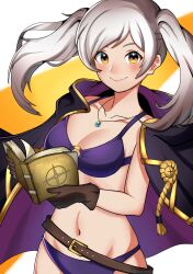 1girl absurdres bikini black_cloak bonoshii book breasts brown_gloves cleavage cloak commentary english_commentary female_robin_(fire_emblem) female_robin_(seaside_tactician)_(fire_emblem) fire_emblem fire_emblem_awakening fire_emblem_heroes gloves grey_hair highres holding holding_book jewelry large_breasts looking_at_viewer necklace nintendo o-ring o-ring_bikini official_alternate_costume purple_bikini skindentation smile solo swimsuit twintails