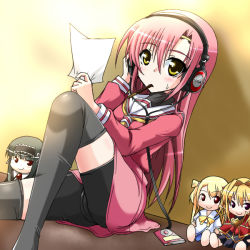Rule 34 | 00s, 1girl, bad id, bad pixiv id, bike shorts, cameltoe, character doll, digital media player, doll, female focus, food, green eyes, hayate no gotoku!, headphones, hoshiuta, houjou arisa, ipod, ipod nano, ipod nano 5g, itou shizuka, kagura nayuta, katsura hinagiku, kimi ga aruji de shitsuji ga ore de, kuonji shinra, long hair, paper, pink hair, pocky, school uniform, serafuku, solo, tamane, tenkuu no yumina, thighhighs, voice actor connection