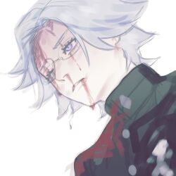 1boy aotsuki_eito blood blood_from_forehead blood_from_mouth blood_on_clothes blood_on_face eyelashes glasses highres last_defense_academy_school_uniform male_focus one_eye_closed parted_lips purple_eyes solo solo_focus the_hundred_line_-last_defense_academy- upper_body white_hair