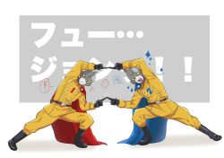 ... 2boys :d belt black_footwear black_gloves blue_cape boots buttons cape commentary_request dragon_ball dragon_ball_super dragon_ball_super_super_hero expressionless full_body fusion_dance gamma_1 gamma_2 gloves highres long_sleeves male_focus multiple_boys open_mouth red_cape smile spoken_ellipsis standing translation_request wakame_(dbdbsszz)