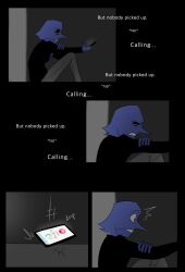 1boy ^^^ addison_(deltarune) annoyed black_jacket blue_skin blue_sweater bright-goat cellphone clenched_teeth colored_skin constricted_pupils deltarune dropping frown grey_pants greyscale highres holding holding_phone hunched_over jacket limited_palette long_nose medium_hair monochrome on_ground pants phone pointy_nose sitting solo squinting surprised sweater teeth v-shaped_eyebrows wide-eyed