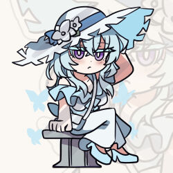 1girl absurdres alternate_costume arm_up blue_hair blue_shoes breasts closed_mouth colored_eyelashes commentary dress english_commentary flareza full_body hat highres large_breasts long_hair looking_at_viewer purple_eyes shoes shorekeeper_(wuthering_waves) sitting solo white_dress white_hat wuthering_waves