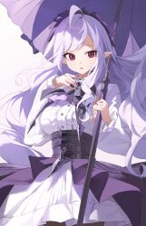 1girl absurdres ahoge ascot black_nails black_skirt bow breasts center_frills commentary cowboy_shot dress frills gosmfl hair_bow hand_up highres holding holding_umbrella large_breasts long_hair long_sleeves looking_at_viewer medium_breasts nail_polish open_mouth overskirt parted_lips pointy_ears purple_ascot purple_bow purple_hair purple_umbrella red_eyes sidelocks skirt solo standing umbrella very_long_hair vivian_banshee white_dress zenless_zone_zero
