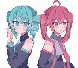 2girls absurdres ahoge alternate_hairstyle blue_eyes blue_hair blush collared_shirt cosplay costume_switch detached_sleeves drill_hair hairstyle_switch hatsune_miku hatsune_miku_(cosplay) highres kasane_teto kasane_teto_(cosplay) long_hair long_sleeves multiple_girls nail_polish necktie open_mouth pink_eyes pink_hair rtm1016 shirt sleeveless sleeveless_shirt sweat twin_drills twintails utau vocaloid