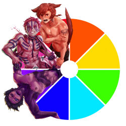 3boys akaza_(kimetsu_no_yaiba) animal_ears armpit_hair black_hair blood blood_on_chest bludwing blue_eyes blue_sclera body_markings boku_no_hero_academia burn_scar cat_boy cat_ears cat_tail cheek_piercing color_coordination color_wheel color_wheel_challenge colored_eyelashes colored_sclera crossover dabi_(boku_no_hero_academia) ear_piercing face_piercing facial_mark facial_tattoo final_fantasy final_fantasy_xiv forked_eyebrows full-body_tattoo g&#039;raha_tia grin highres kimetsu_no_yaiba looking_at_viewer male_focus miqo&#039;te multiple_boys multiple_crossover multiple_drawing_challenge multiple_piercings multiple_scars muscular muscular_male navel navel_piercing neck_tattoo nipple_piercing nipple_rings nipples nose_piercing one_eye_closed open_mouth pectorals piercing pink_hair red_eyes red_hair scar scar_on_arm scar_on_face scar_on_hand scar_on_mouth scar_on_neck short_hair shoulder_tattoo smile spiked_hair staple stapled stitches swept_bangs tail tattoo text_in_eyes toned toned_male tongue_piercing wrinkled_skin yellow_eyes