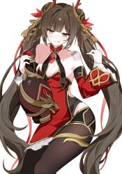 Rule 34 | 1girl, arm at side, armpit peek, bandaid, bare shoulders, black survival, blunt bangs, breasts, brown hair, brown pantyhose, ddiloli, detached collar, detached sleeves, double bun, eternal return: black survival, hair bun, hair ornament, highleg, highleg leotard, highres, holding, leotard, li dailin, li dailin (dragon dance), long hair, official alternate costume, open mouth, pantyhose, potion, red leotard, red nails, red sleeves, short hair, simple background, small breasts, solo, standing, strapless, strapless leotard, teeth, twintails, upper teeth only, very long hair, white background, yellow eyes