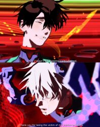 Rule 34 | 2boys, alien stage, black hair, commentary, cosplay, crying, english commentary, english text, green eyes, grey hair, highres, ikari shinji, ikari shinji (cosplay), ivan (alien stage), male focus, multiple boys, nagisa kaworu, nagisa kaworu (cosplay), neon genesis evangelion, open mouth, red eyes, short hair, till (alien stage), uchiha i arts, very short hair