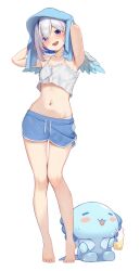 1girl absurdres amane_kanata barefoot blue_eyes blue_hair blue_shorts buket_pudding_i crop_top crop_top_overhang dolphin_shorts drying drying_hair full_body gradient_wings halterneck highres hololive looking_at_viewer mini_wings multicolored_hair multicolored_wings navel shorts simple_background standing stomach streaked_hair towel towel_on_head upao_(amane_kanata) virtual_youtuber white_background white_hair white_wings wings