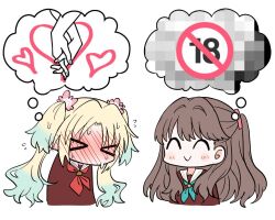 &gt;_&lt; 2girls ^_^ another_ship_dynamic_i_enjoy_(meme) aqua_neckerchief blonde_hair blue_hair blush brown_dress brown_hair c: censored closed_eyes closed_mouth commentary_request content_rating cropped_torso dress flower flying_sweatdrops fujishima_megumi full-face_blush gradient_hair hair_flower hair_ornament hasu_no_sora_school_uniform heart holding_hands light_blue_hair link!_like!_love_live! long_hair long_sleeves love_live! meme mira-cra_park! mosaic_censoring multicolored_hair multiple_girls neckerchief no_mouth osawa_rurino parted_bangs pink_flower red_neckerchief sailor_collar sailor_dress school_uniform simple_background smile speech_bubble sweat thought_bubble twintails two_side_up virtual_youtuber watage_modoki white_background white_sailor_collar winter_uniform yuri