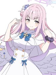 1girl angel_wings blue_archive blue_bow blue_bowtie blue_flower blue_ribbon blush bow bowtie breasts buttons capelet commentary_request cowboy_shot crescent cross_brooch double-breasted double_biceps_pose dress dutch_angle feathered_wings flexing flower hair_bun hair_flower hair_ornament halo hands_up high-waist_skirt highres kousuke0912 long_hair long_sidelocks looking_at_viewer low_wings medium_breasts mika_(blue_archive) pink_hair pink_halo ribbon scrunchie sidelocks simple_background single_side_bun skirt sleeveless sleeveless_dress smile solo split_mouth underbust v-shaped_eyebrows victory_pose white_background white_capelet white_dress white_skirt white_wings wings wrist_scrunchie yellow_eyes