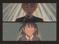 1boy 1girl :o black_eyes black_hair black_jacket black_necktie blue_jacket brown_eyes brown_hair closed_mouth collared_shirt commentary_request futsuu_no_keion-bu grey_shirt hatono_chihiro highres jacket microphone music neck_ribbon necktie official_alternate_costume official_alternate_hairstyle open_mouth portrait red_ribbon ribbon scene_reference shirt short_hair singing sitesitei sweat takami_kouki twitter_username white_shirt