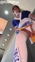 1girl animated ass breasts brown_hair cleavage cosplay dead_or_alive from_below kasumi_(doa) kasumi_(doa)_(cosplay) large_breasts long_hair pelvic_curtain pokkypau ponytail real_life short_sleeves stepping tagme thighhighs thong video