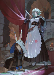 2girls animal_ears apron belt black_shirt black_skirt bow braid brown_eyes brown_hair bunny_girl_(timbougami) buttons candle carpet charlotte_(timbougami) collared_shirt curtain_grab curtains dress frilled_apron frilled_dress frills frying_pan gauntlets grey_hair hair_bow hair_over_one_eye harness hat highres holding indoors ladder long_hair looking_afar maid maid_headdress multiple_girls neck_ribbon one_eye_covered original patch plant potted_plant pouch rabbit_ears rabbit_girl red_eyes ribbon shirt shoes short_hair skirt skull stuffed_toy timbougami twin_braids white_apron witch_hat