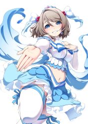 1girl amagi_(volfuji) blush bow breasts brown_hair crown dot_nose earrings frilled_skirt frills grey_hair hand_on_own_chest hand_up highres jewelry koi_ni_naritai_aquarium legs looking_at_viewer love_live! love_live!_sunshine!! midriff navel nose outstretched_hand reaching reaching_towards_viewer ribbon short_hair simple_background skirt smile solo stomach thighhighs thighs tiara tight_clothes watanabe_you wavy_hair white_background zettai_ryouiki