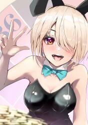 Rule 34 | 1girl, :d, animal ears, bare arms, black hairband, black leotard, blonde hair, blue bow, blue bowtie, blurry, blurry foreground, bow, bowtie, breasts, cleavage, detached collar, fake animal ears, hair over one eye, hairband, heaven burns red, highres, kayamori ruka, leotard, looking at viewer, medium breasts, natsuki (muravito), open mouth, playboy bunny, rabbit ears, red eyes, short hair, smile, solo, strapless, strapless leotard, upper body