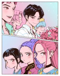 &gt;:( 3girls 4boys abby_(kpop_demon_hunters) baby_(kpop_demon_hunters) black_hair blue_eyes blue_hair blunt_bangs blush border braid brown_eyes choker closed_mouth collared_shirt double_bun ear_piercing earrings flower gradient_background grin hair_bun half_updo hat highres jewelry jinu_(kpop_demon_hunters) kpop_demon_hunters light_particles long_hair looking_ahead looking_at_viewer looking_to_the_side medium_hair mira_(kpop_demon_hunters) multiple_boys multiple_girls open_mouth piercing pink_eyes pink_hair polo_tokki pout purple_hair red_eyes red_flower red_hair romance_(kpop_demon_hunters) rumi_(kpop_demon_hunters) shirt short_bangs short_hair sidelocks single_braid smile smirk turtleneck upper_body v-shaped_eyebrows white_border yellow_hat zoey_(kpop_demon_hunters)