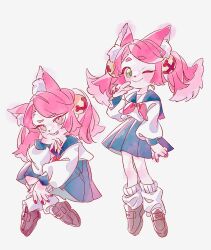1girl ;) animal_ear_fluff animal_ears animal_nose arm_at_side bell blue_sailor_collar blue_skirt blue_sleeve_cuffs brown_shoes cat_ears cat_girl closed_mouth commentary_request full_body g_c_hori green_eyes grey_background grin hair_bell hair_ornament hand_on_own_chin highres jingle_bell kneehighs loafers long_hair long_sleeves looking_at_viewer loose_socks mad_mew_mew medium_skirt multiple_views nail_polish neckerchief one_eye_closed pink_eyes pink_hair pink_nails pink_neckerchief plantar_flexion pleated_skirt puffy_long_sleeves puffy_sleeves sailor_collar shirt shoes simple_background sitting skirt smile socks standing twintails undertale w white_shirt white_socks