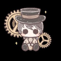 1girl :o afternoon_coffee_(shining_nikki) animated animated_gif black_boots black_eyes black_pants blinking blush_stickers boots brown_hair brown_shirt brown_sleeve_cuffs chibi chinese_commentary commentary_request crossdressing expressionless eyelashes gears hat holding holding_pocket_watch long_hair long_sleeves nikki_(series) pants parted_lips pocket_watch reverse_trap shining_nikki shirt solid_oval_eyes solo sparkle steampunk striped_clothes striped_shirt suspenders top_hat transparent_background vertical-striped_clothes vertical-striped_shirt watch xiaoyu_qixing